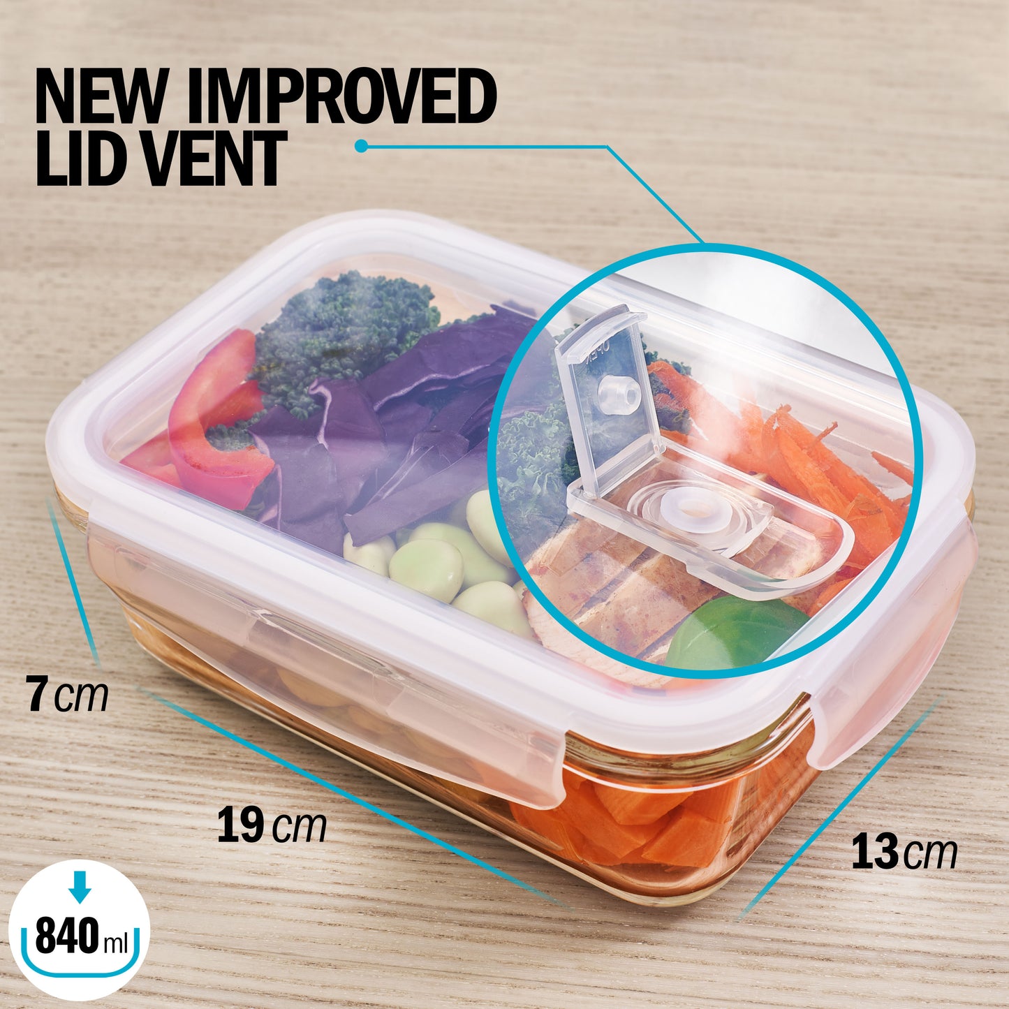 1-Compartment Glass Containers with Steam Vent Lids - 840ml - 5 PACK + 1 extra lid