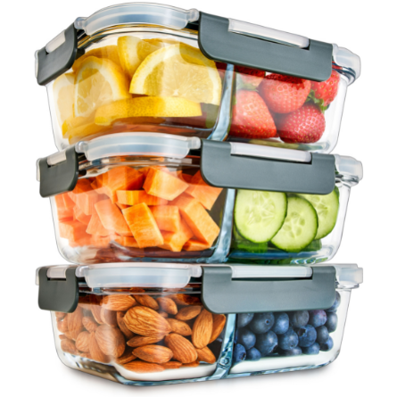 2-Compartment Glass Container with Airtight Lids - 980ml - 3 PACK