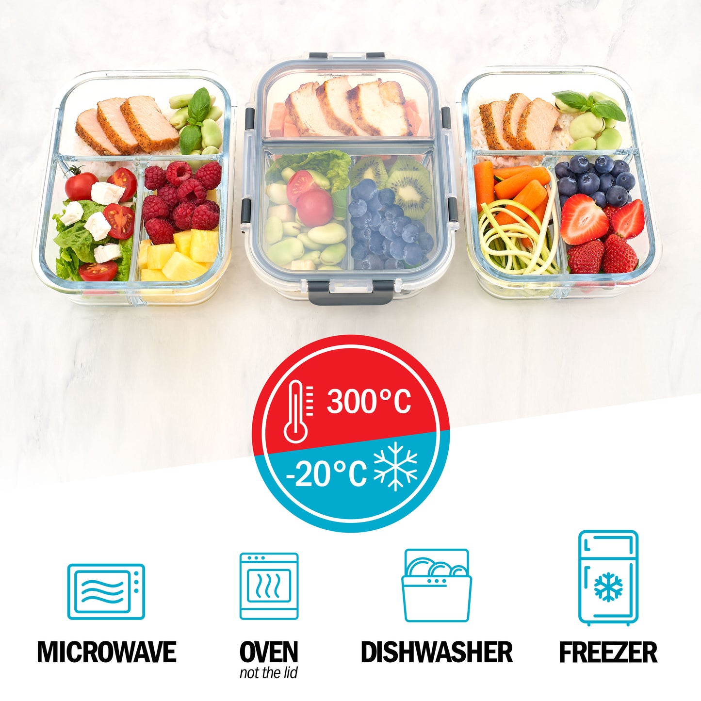 3-Compartment Glass Containers with Airtight Lids - 980ml - 3 PACK
