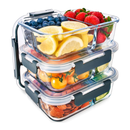3-Compartment Glass Containers with Airtight Lids - 980ml - 3 PACK