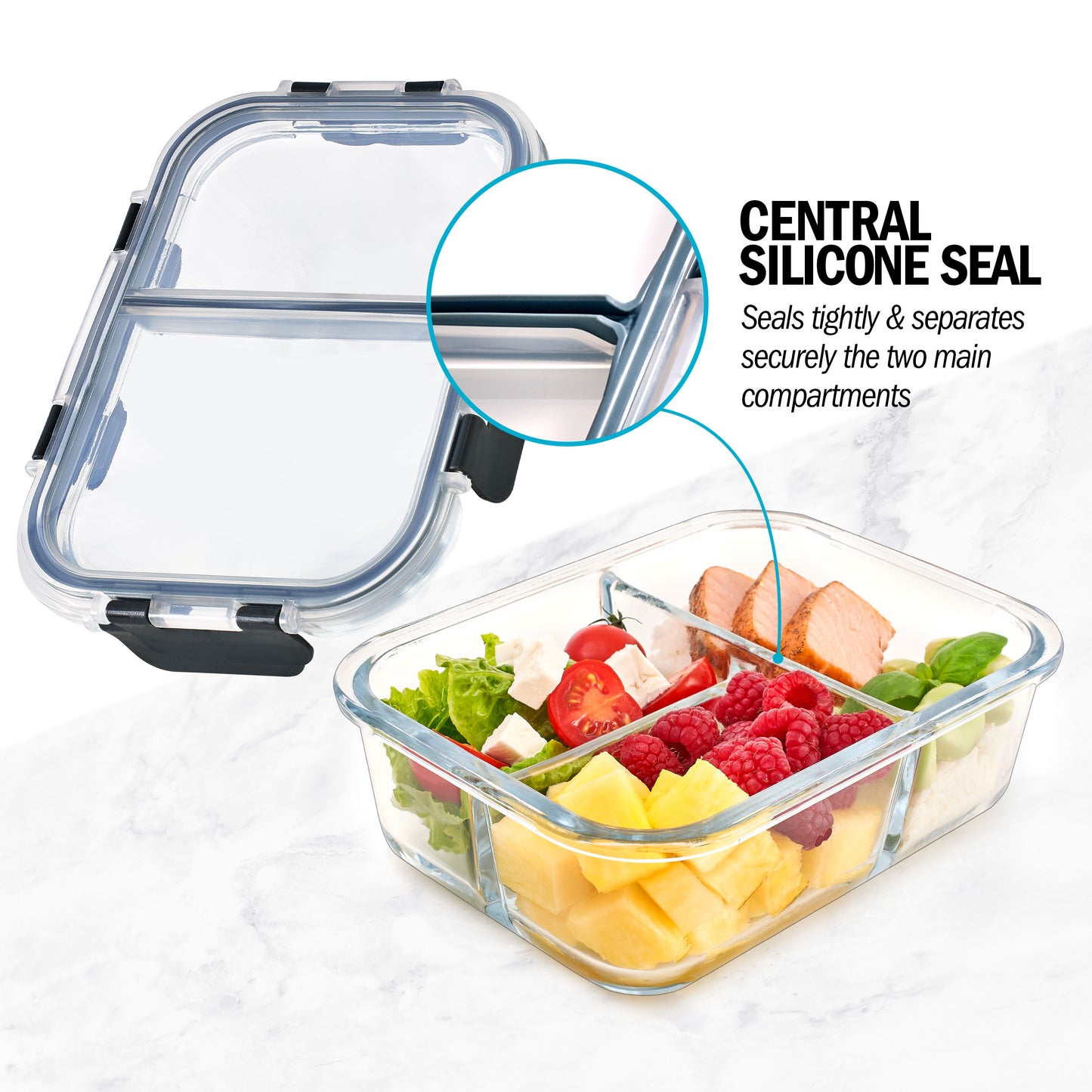 3-Compartment Glass Containers with Airtight Lids - 980ml - 3 PACK