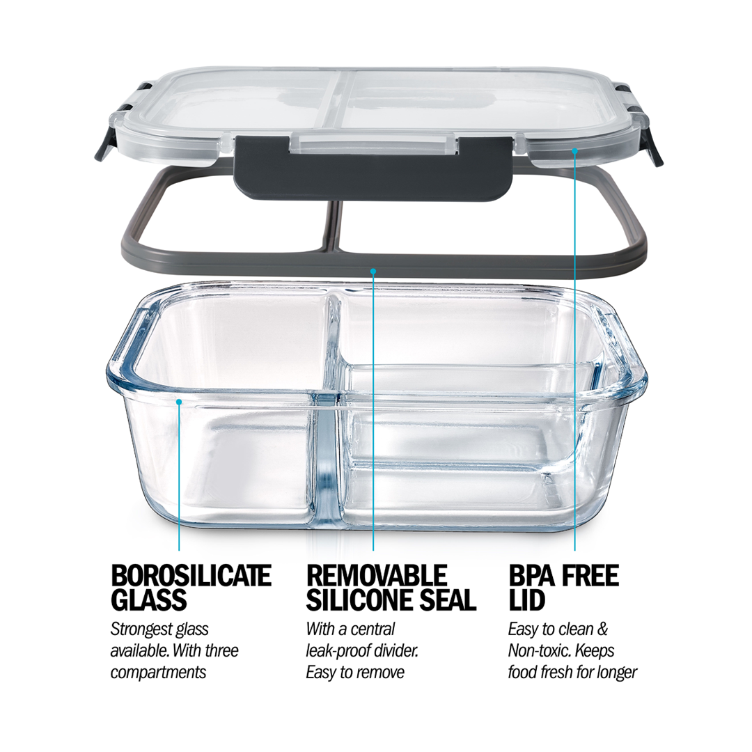 3-Compartment Glass Containers with Airtight Lids - 980ml - 3 PACK