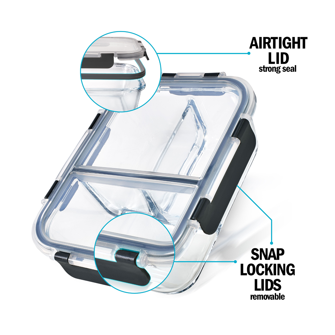 3-Compartment Glass Containers with Airtight Lids - 980ml - 3 PACK